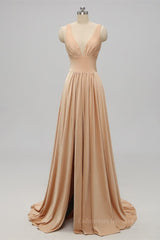 Prom Dresses 3 35 Sleeves, Gold Long Bridesmaid Dress with Slit