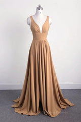 Prom Dresses For Warm Weather, Gold Long Bridesmaid Dress with Slit