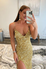 Gold Mermaid Sequin Prom Dress with Slit
