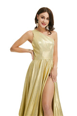 Homecoming Dress Style, Gold Satin One Shoulder With Split Prom Dresses