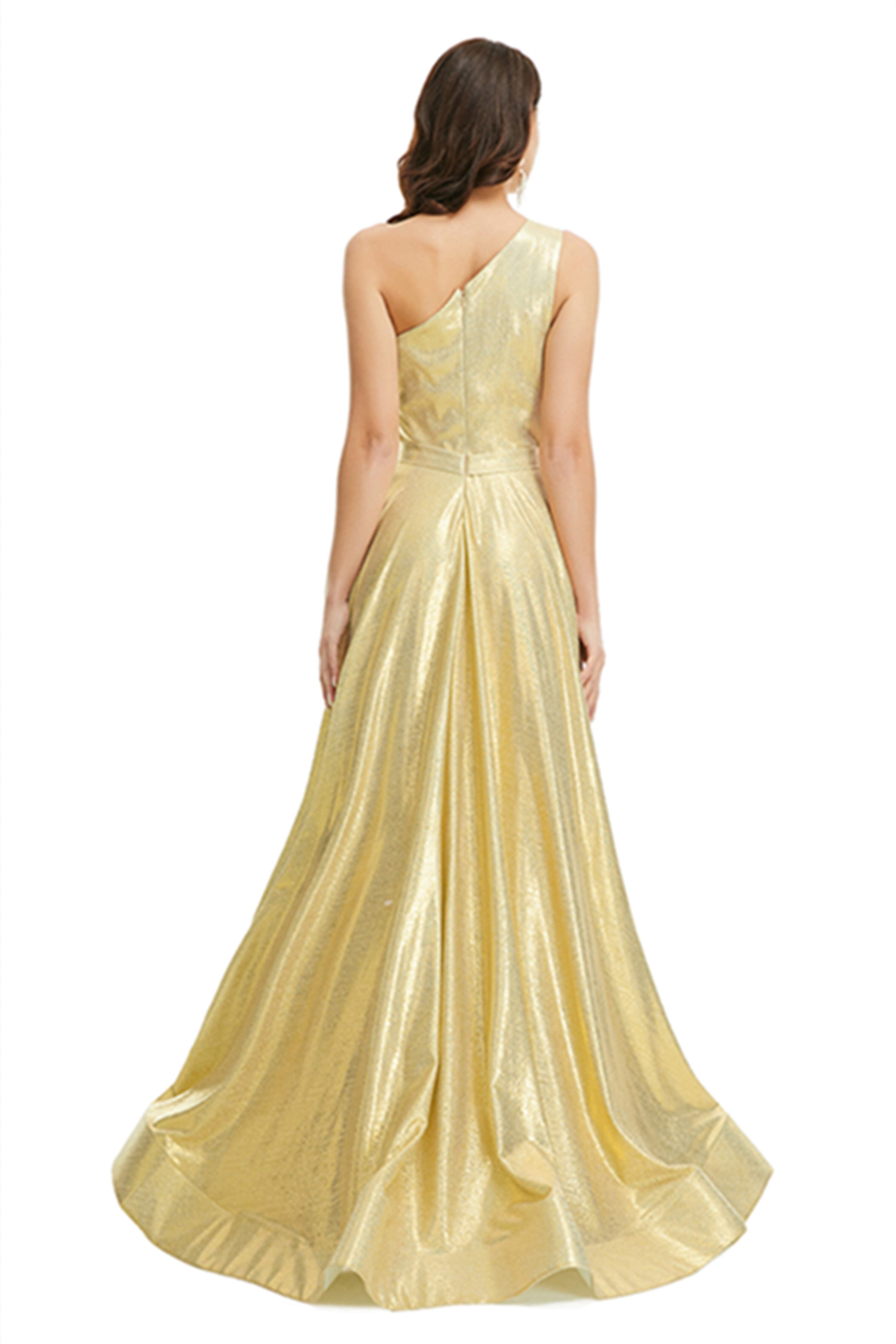 Homecoming Dresses Style, Gold Satin One Shoulder With Split Prom Dresses