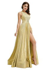 Homecoming Dresses Styles, Gold Satin One Shoulder With Split Prom Dresses