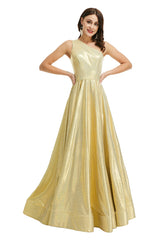 Homecoming Dress Formal, Gold Satin One Shoulder With Split Prom Dresses