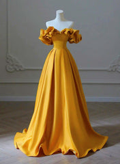 Beauty Dress, Gold Satin Sweetheart Off Shoulder A-line Prom Dress, Satin Evening Dress