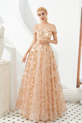 Prom Dress Vintage, Gold Sequin Off the Shoulder A-line Floor Length Lace Prom Dresses