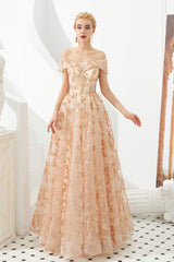 Prom Dresses Prom Dresses, Gold Sequin Off the Shoulder A-line Floor Length Lace Prom Dresses