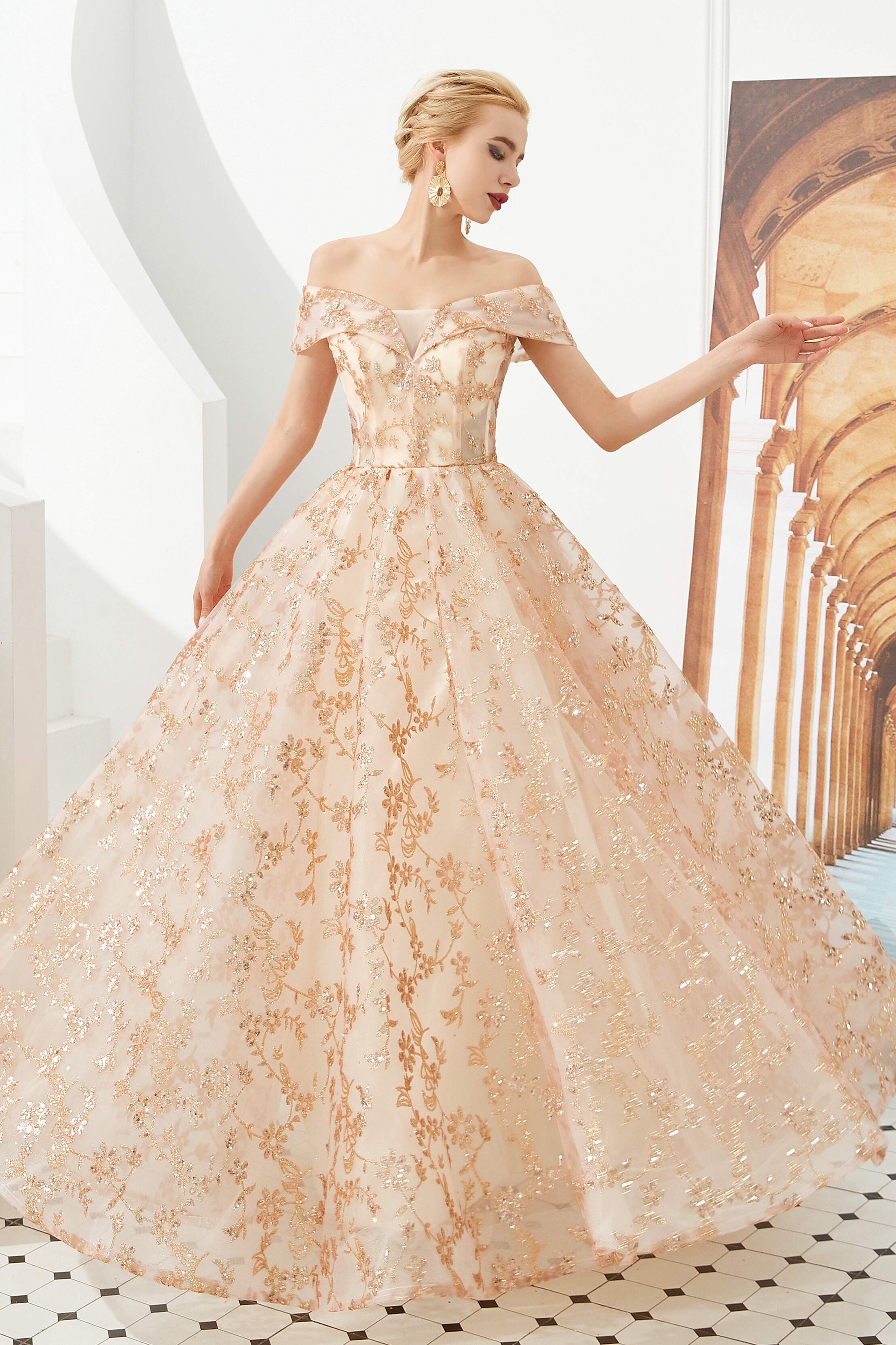 Prom Dresses Prom Dress, Gold Sequin Off the Shoulder A-line Floor Length Lace Prom Dresses