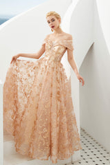 Prom Dress Prom Dresses, Gold Sequin Off the Shoulder A-line Floor Length Lace Prom Dresses