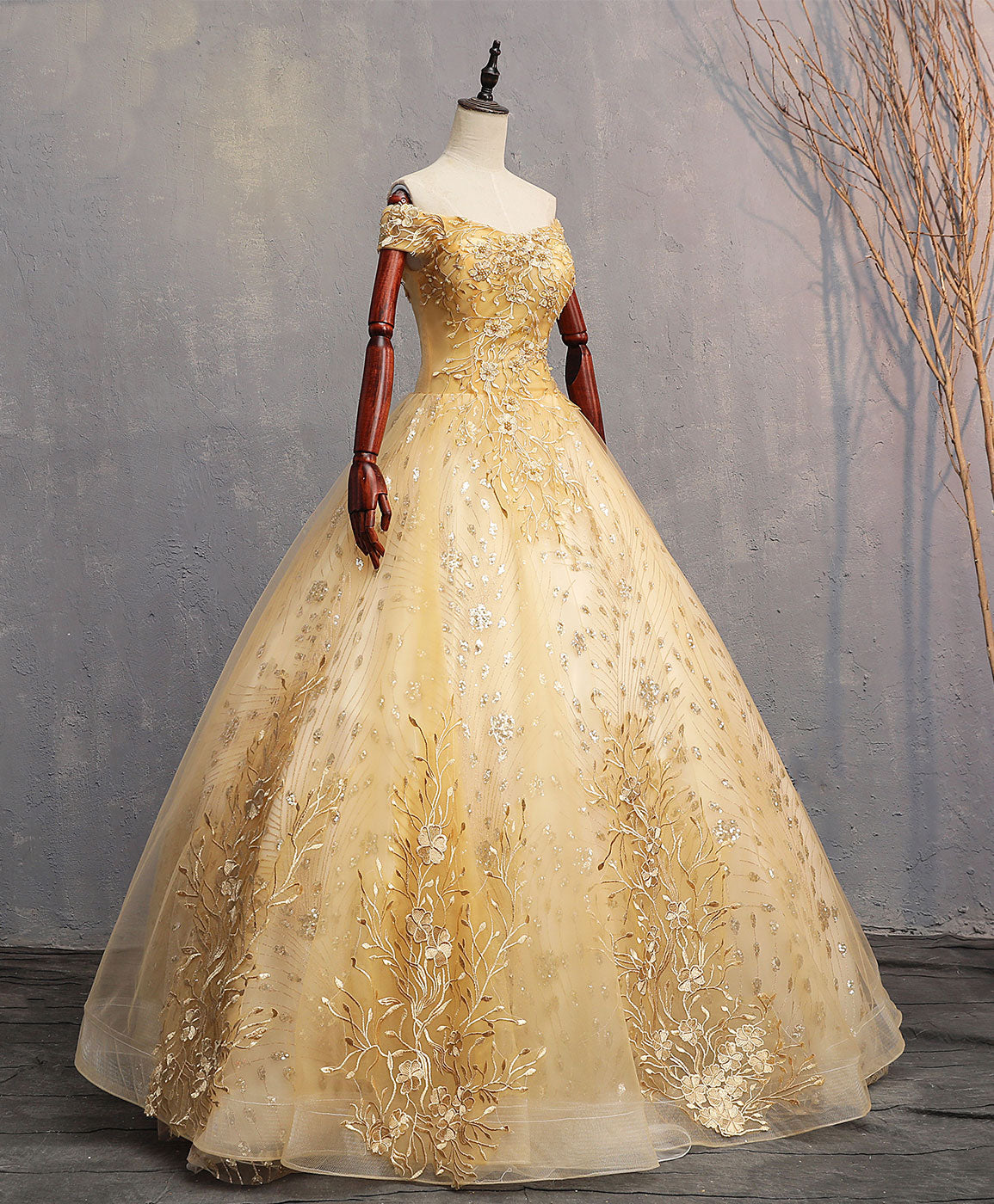 Evening Dresses For Ladies Over 54, Gold Tulle Off Shoulder Lace Long Prom Dress Tulle Formal Dress