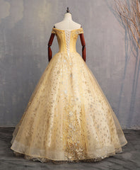 Evening Dresses Modest, Gold Tulle Off Shoulder Lace Long Prom Dress Tulle Formal Dress