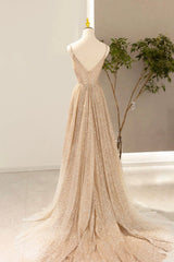 Party Dress Afternoon Tea, Gold V-Neck Sequins Long Prom Dress, Shiny A-Line Evening Formal Dress