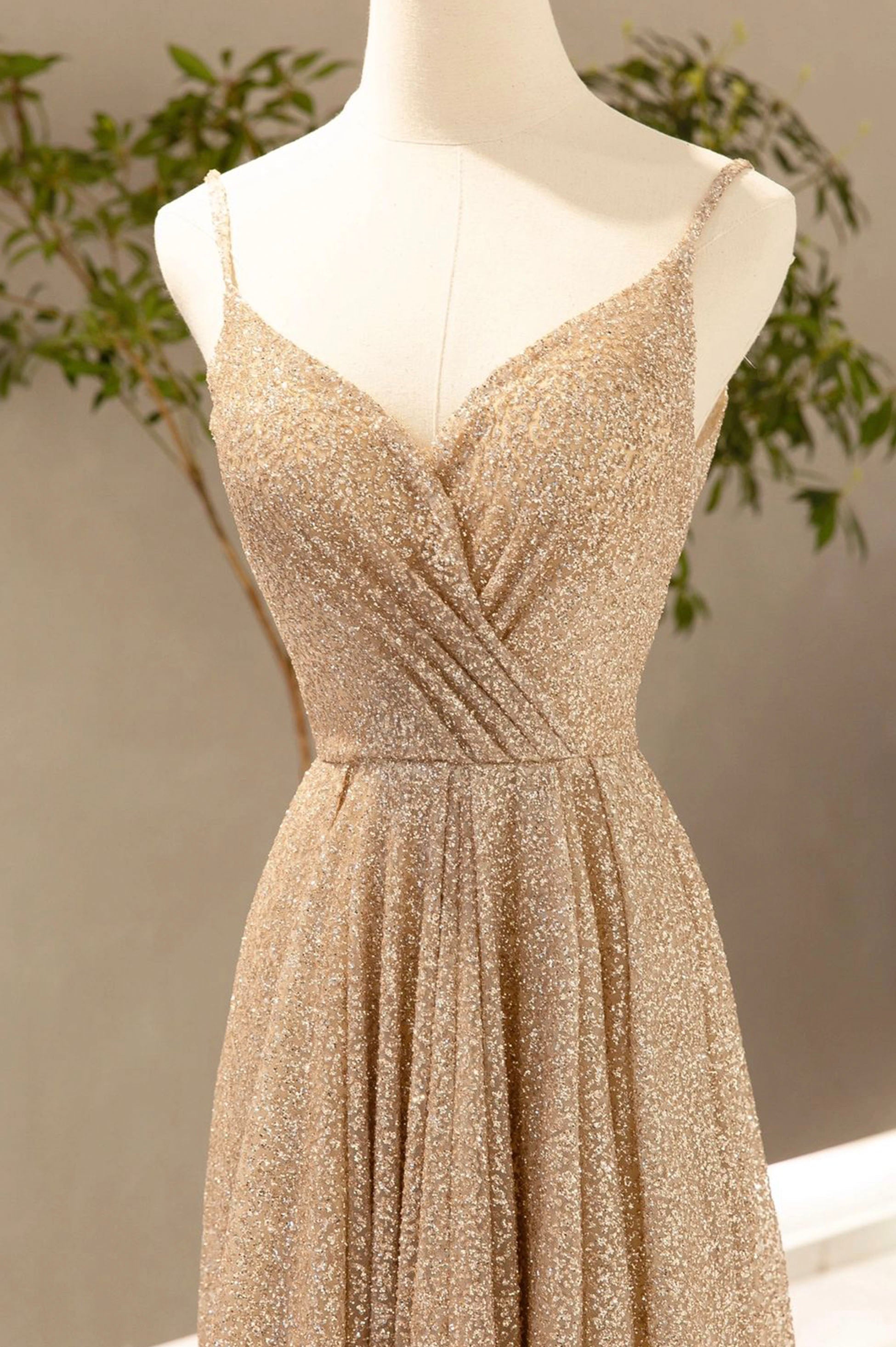 Stylish Outfit, Gold V-Neck Sequins Long Prom Dress, Shiny A-Line Evening Formal Dress