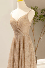 Party Dress Ideas For Curvy Figure, Gold V-Neck Sequins Long Prom Dress, Shiny A-Line Evening Formal Dress