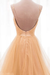 Bridesmaids Dress Chiffon, Gold V-Neck Tulle Long Prom Dress, A-Line Evening Dress