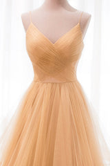 Bridesmaid Dress Chiffon, Gold V-Neck Tulle Long Prom Dress, A-Line Evening Dress