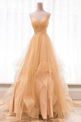 Bridesmaid Dress Tulle, Gold V-Neck Tulle Long Prom Dress, A-Line Evening Dress