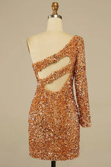 Golden Cut Out Open Back One Shoulder Sequins Homecoming Dress