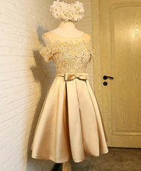 Prom Dress Pieces, Golden Satin Lace Off Shoulder Short Homecoming Dresses, Knee Length Party Dresses