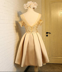 Prom Dresses Piece, Golden Satin Lace Off Shoulder Short Homecoming Dresses, Knee Length Party Dresses