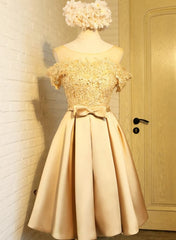 Prom Dresses Silk, Golden Satin Lace Off Shoulder Short Homecoming Dresses, Knee Length Party Dresses