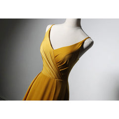 Prom Dress Long With Slit, Goleden V-neckline Straps Long Party Dress with Leg Slit, Long Gold Evening Dress Prom Dress