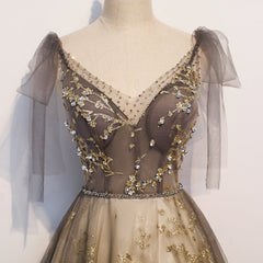 Hoco, Gorgeous A-line V-neckline Long Party Dress Prom Dress, Lace Evening Dresses