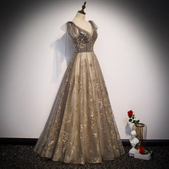 Short Black Dress, Gorgeous A-line V-neckline Long Party Dress Prom Dress, Lace Evening Dresses