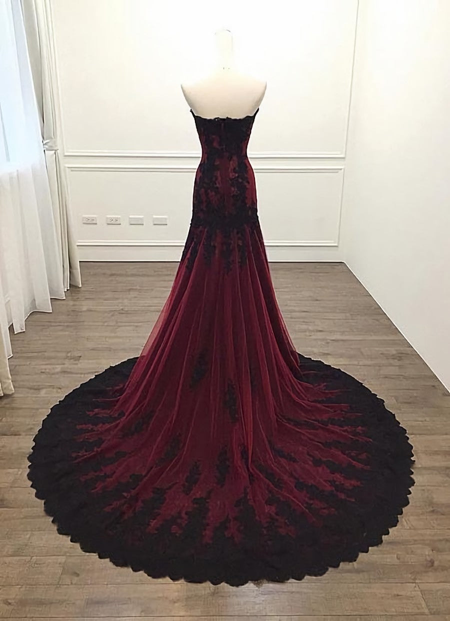 Prom Dresses Inspiration, Gorgeous Black and Wine Red Mermaid Long Evening Gown Party Dress, Sweetheart Lace Formal Dresses