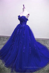 Flower Girl Dress, Gorgeous Blue Lace Floral Long Prom Dress, Blue Appliques Formal Evening Dress, Blue Ball Gown