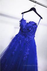 Unique Wedding Ideas, Gorgeous Blue Lace Floral Long Prom Dress, Blue Appliques Formal Evening Dress, Blue Ball Gown