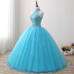 Corset Dress, Gorgeous Blue Tulle Ball Gown Lace Top Sweet 16 Dress, Blue Quinceanera Dress