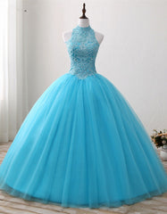 Evening Dress, Gorgeous Blue Tulle Ball Gown Lace Top Sweet 16 Dress, Blue Quinceanera Dress