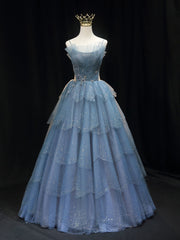 Wedding Dress Under 1000, Gorgeous Blue Tulle Layers Beaded Long Wedding Party Dresses, Blue Formal Gown