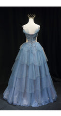 Wedding Dress Sexy, Gorgeous Blue Tulle Layers Beaded Long Wedding Party Dresses, Blue Formal Gown