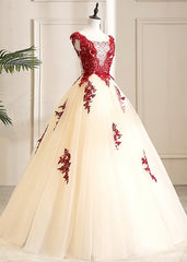 Formal Dress For Wedding Guests, Gorgeous Champagne Tulle Long Sweet 16 Dress with Red Lace, Formal Gown