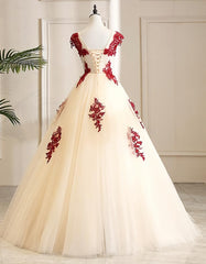 Formal Dress For Wedding Guest, Gorgeous Champagne Tulle Long Sweet 16 Dress with Red Lace, Formal Gown