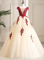 Formal Dresses For Weddings Guest, Gorgeous Champagne Tulle Long Sweet 16 Dress with Red Lace, Formal Gown