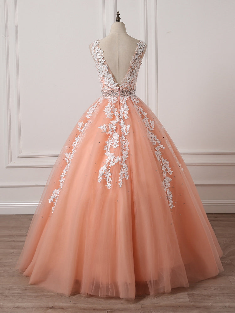 Green Prom Dress, Gorgeous Coral Tulle  High Quality V-neck Lace Appliques Beads Party Dress, Long Formal Dress