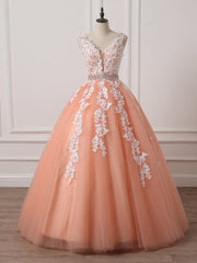 Graduation Dress, Gorgeous Coral Tulle  High Quality V-neck Lace Appliques Beads Party Dress, Long Formal Dress