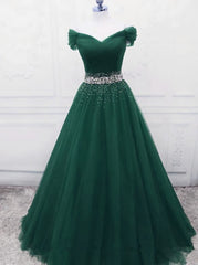 Party Dresse Idea, Gorgeous Dark Green Tulle Off Shoulder Long Party Dress, Prom Gown
