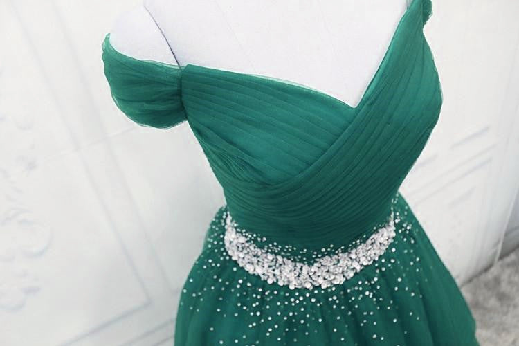Party Dresses Idea, Gorgeous Dark Green Tulle Off Shoulder Long Party Dress, Prom Gown