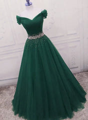 Party Dresses Prom, Gorgeous Dark Green Tulle Off Shoulder Long Party Dress, Prom Gown