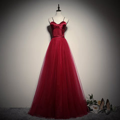 Party Dress Clubwear, Gorgeous Dark Red Straps Tulle Long Party Dress, A-line Formal Dress