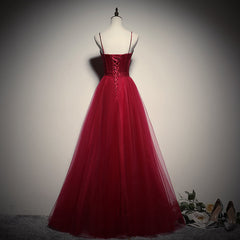Party Dresses Indian, Gorgeous Dark Red Straps Tulle Long Party Dress, A-line Formal Dress