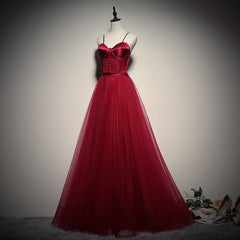 Party Dress Indian, Gorgeous Dark Red Straps Tulle Long Party Dress, A-line Formal Dress