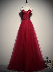 Party Dresses Clubwear, Gorgeous Dark Red Straps Tulle Long Party Dress, A-line Formal Dress