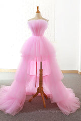 Homecomming Dresses Long, Gorgeous High Low Pink Tulle Long Prom Dresses, Pink Tulle Formal Graduation Evening Dresses