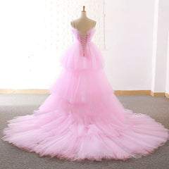 Homecomming Dress Long, Gorgeous High Low Pink Tulle Long Prom Dresses, Pink Tulle Formal Graduation Evening Dresses
