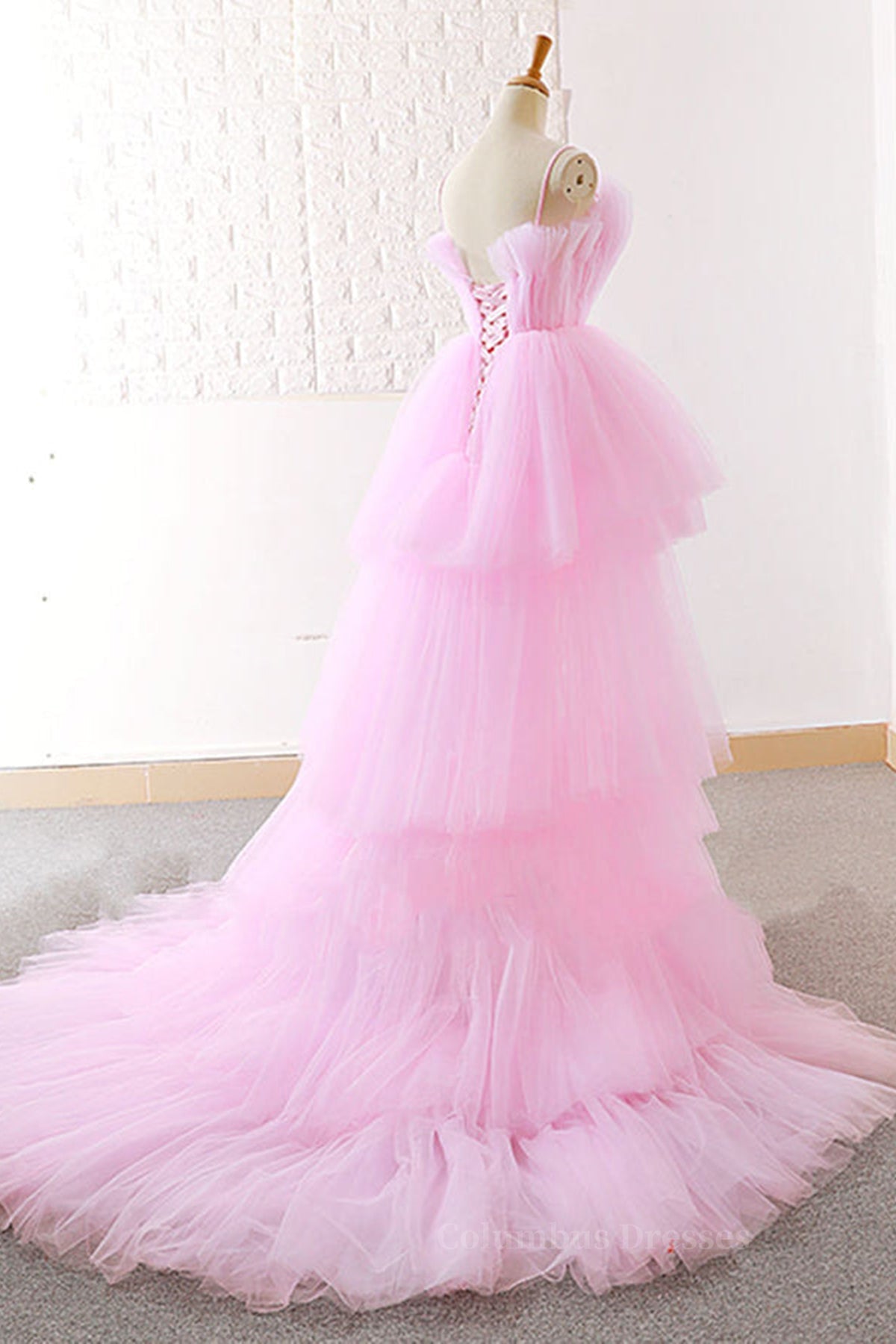 Homecoming Dresses 2056, Gorgeous High Low Pink Tulle Long Prom Dresses, Pink Tulle Formal Graduation Evening Dresses