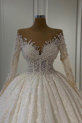 Wedding Dresses Stores, Gorgeous Lace Long Sleeve Beads Ball Gown Wedding Dress